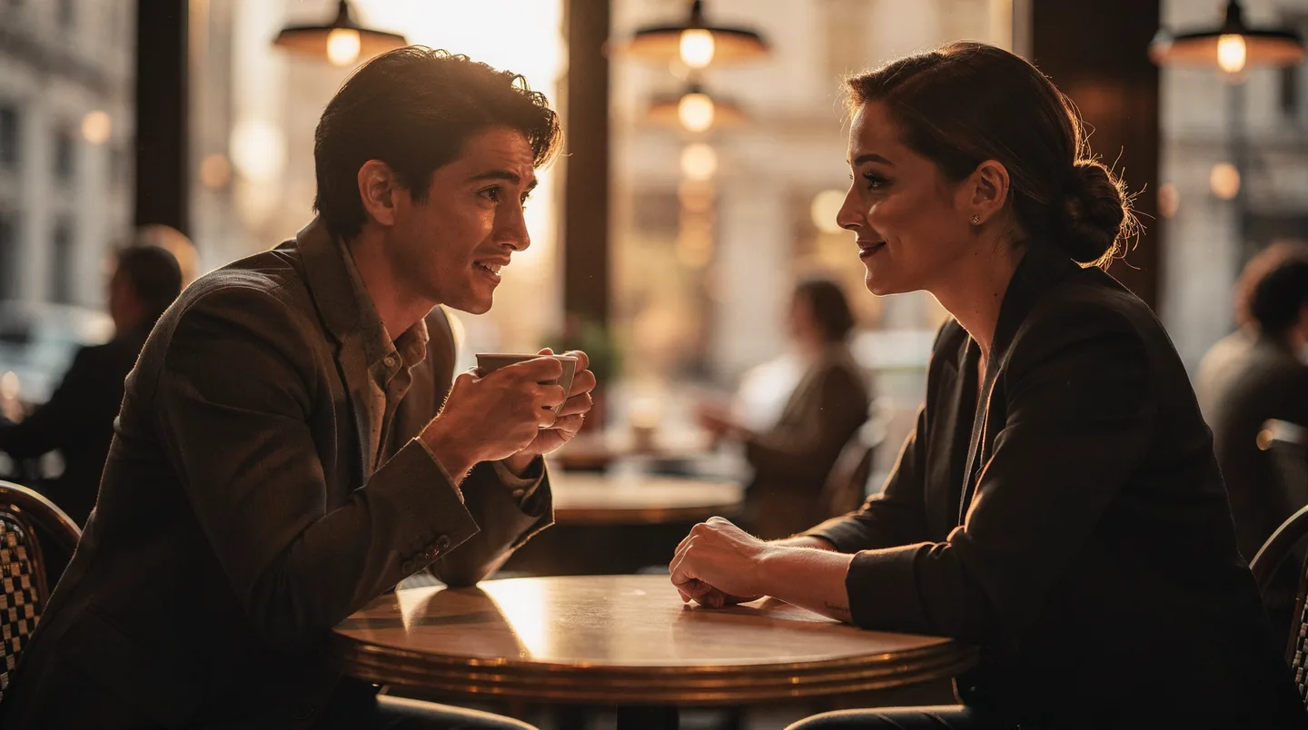 Two people having an honest, intimate conversation at a cafe — the moment of sharing something personal